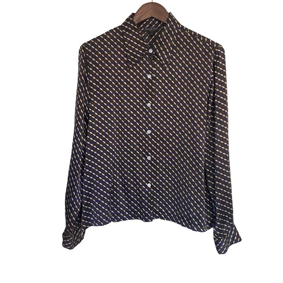 Halston Lifestyle Tops - Halston Lifestyle Womens 14 Purple Brown Geometric 100% Silk Button Front Blouse